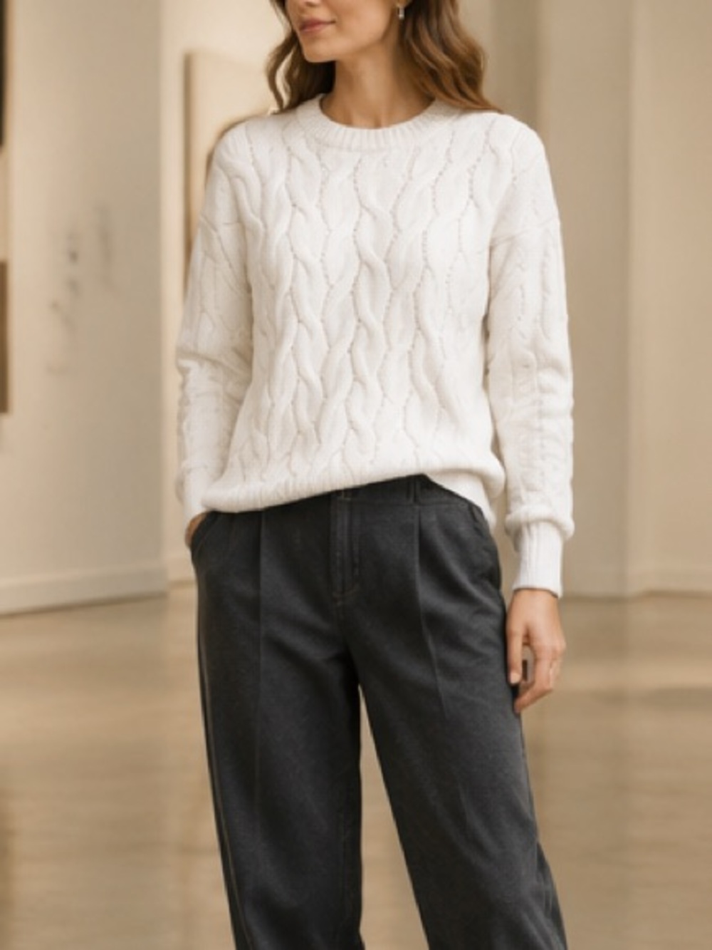 Pinque Cable Knit Fisherman Crew Neck Blizzard White Cotton Blend Sweater NWT